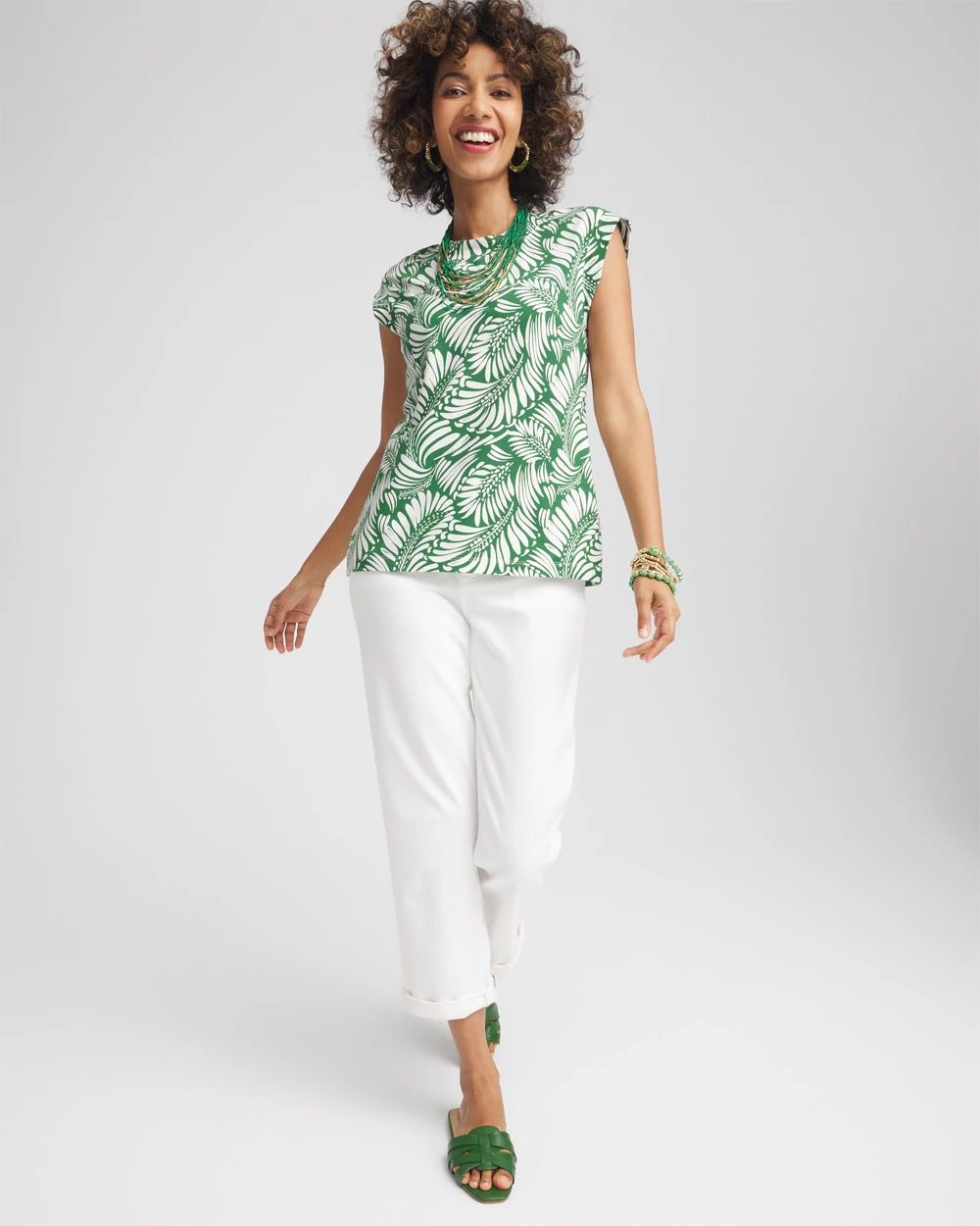 Palm-Frond-Print Cap-Sleeve Top