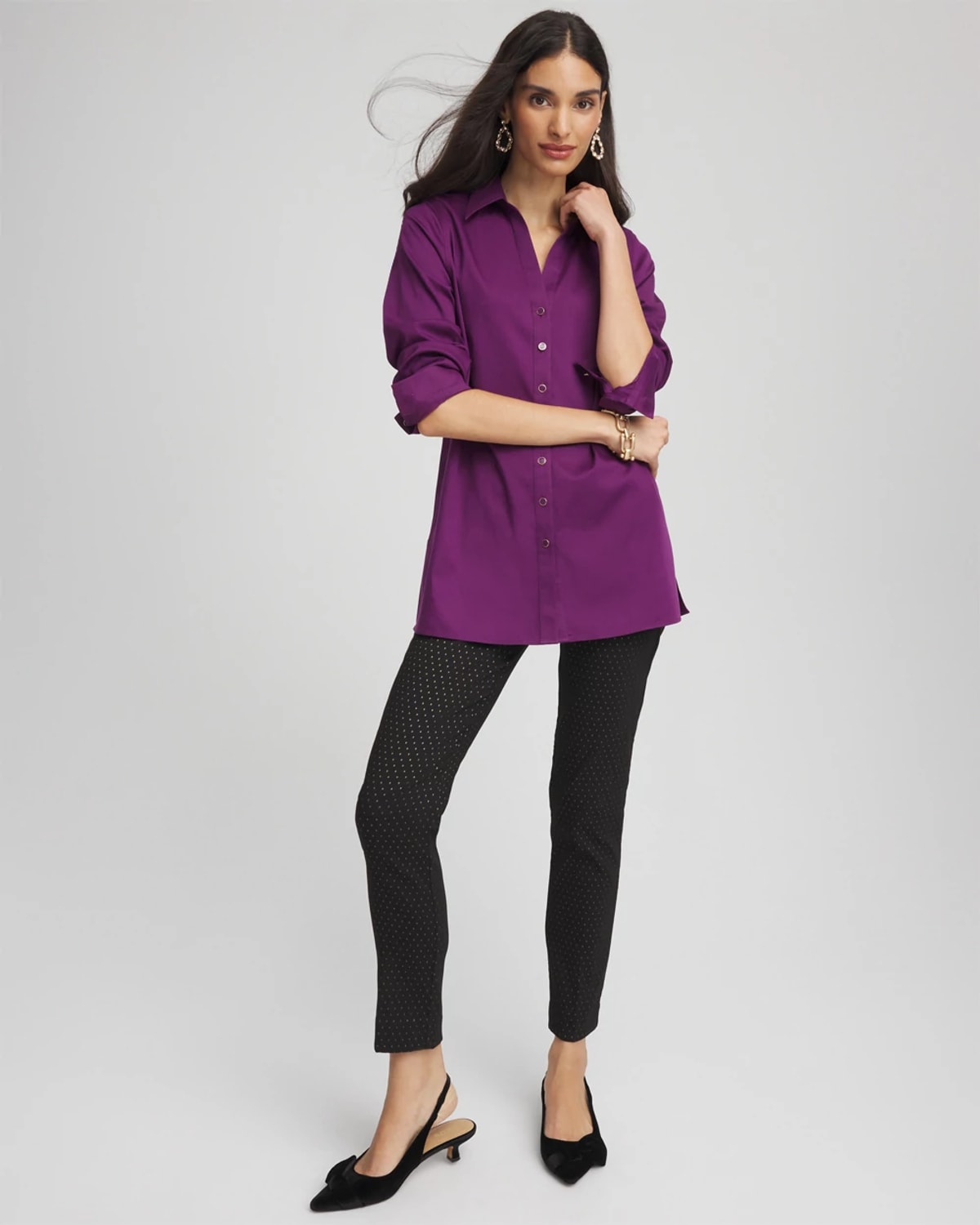 Chico's No Iron Novelty Button Tunic In Purple Royale In Multi