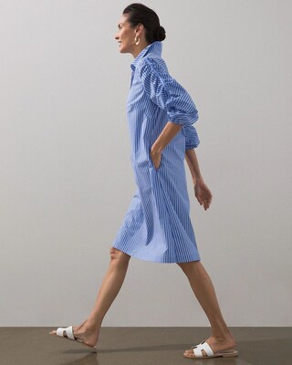 Stripe Poplin Ruched Sleeve Dress