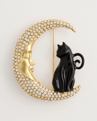 Black Cat Faux Diamond Moon Brooch