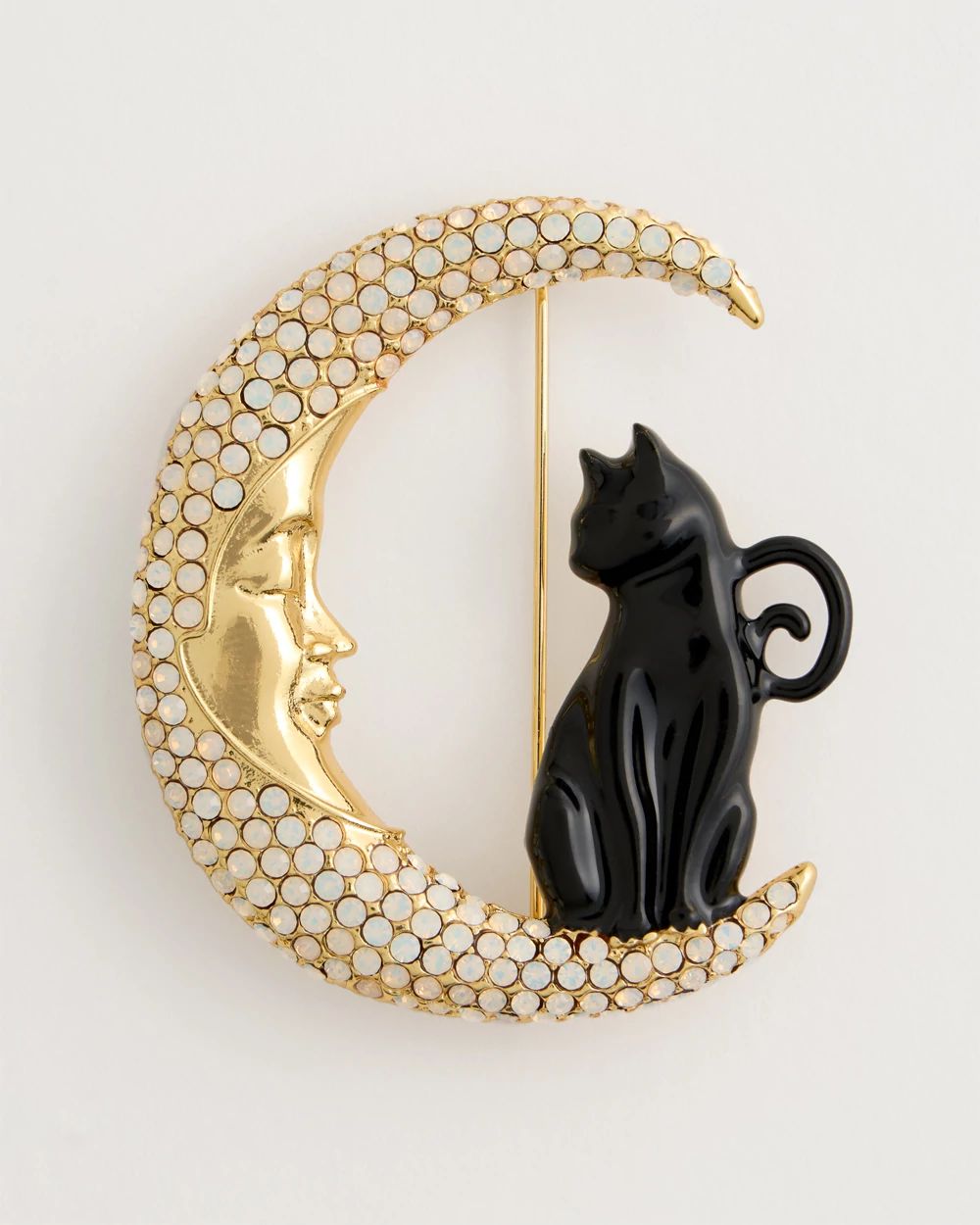 Black Cat Faux Diamond Moon Brooch