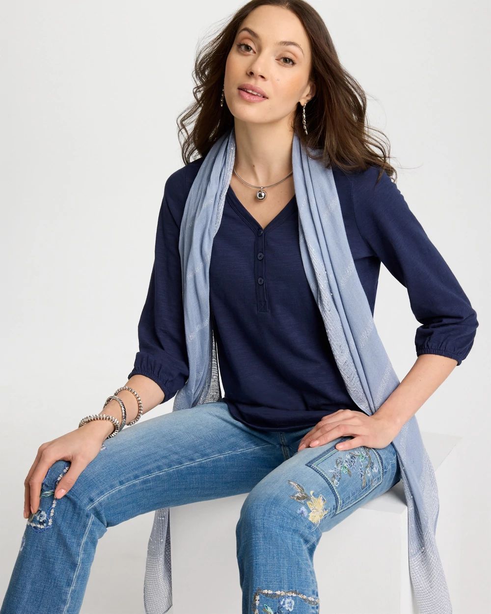 Puff Sleeve Cotton Slub Henley Shirt