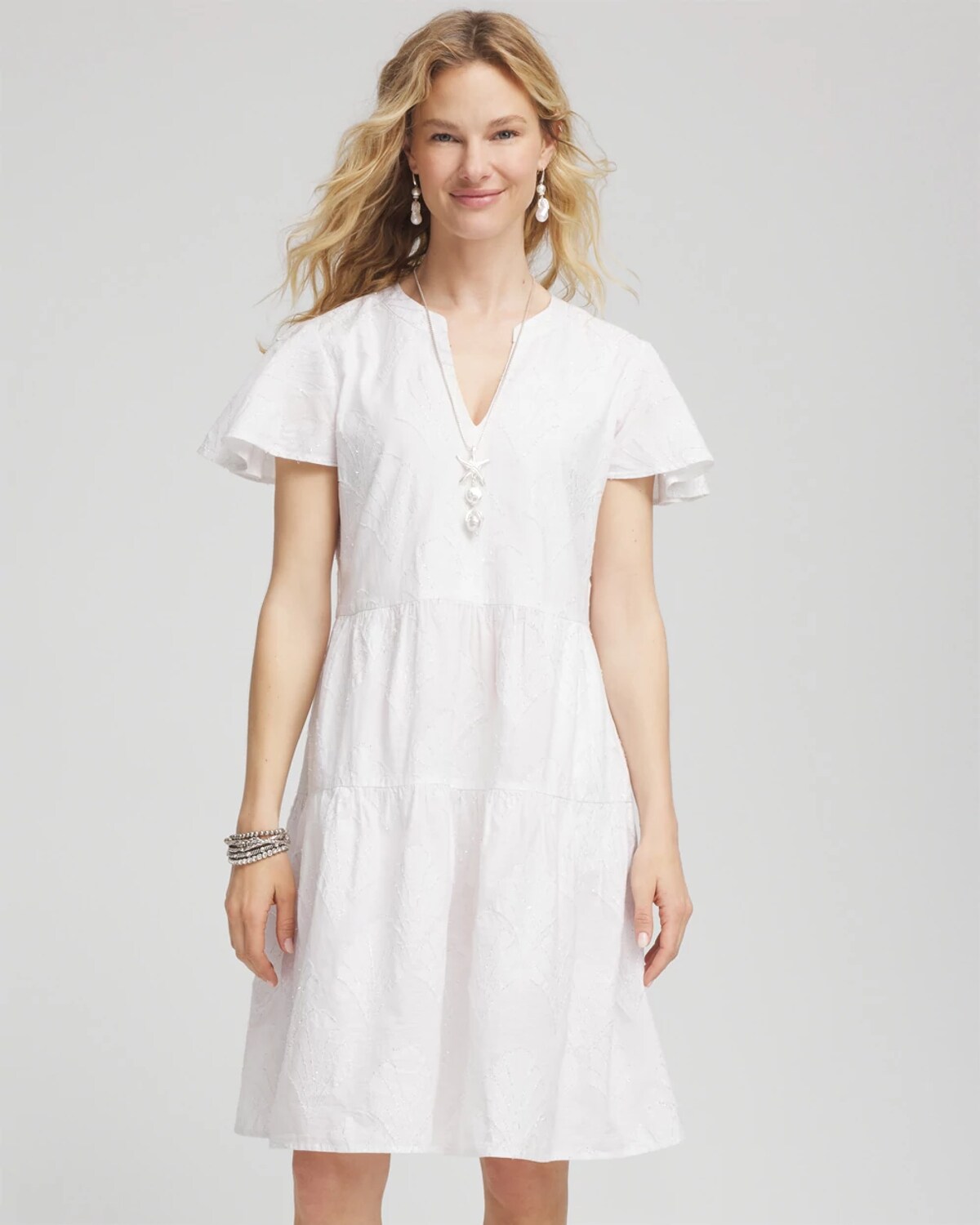 Chico's Embroidered Popover Dress In White In White