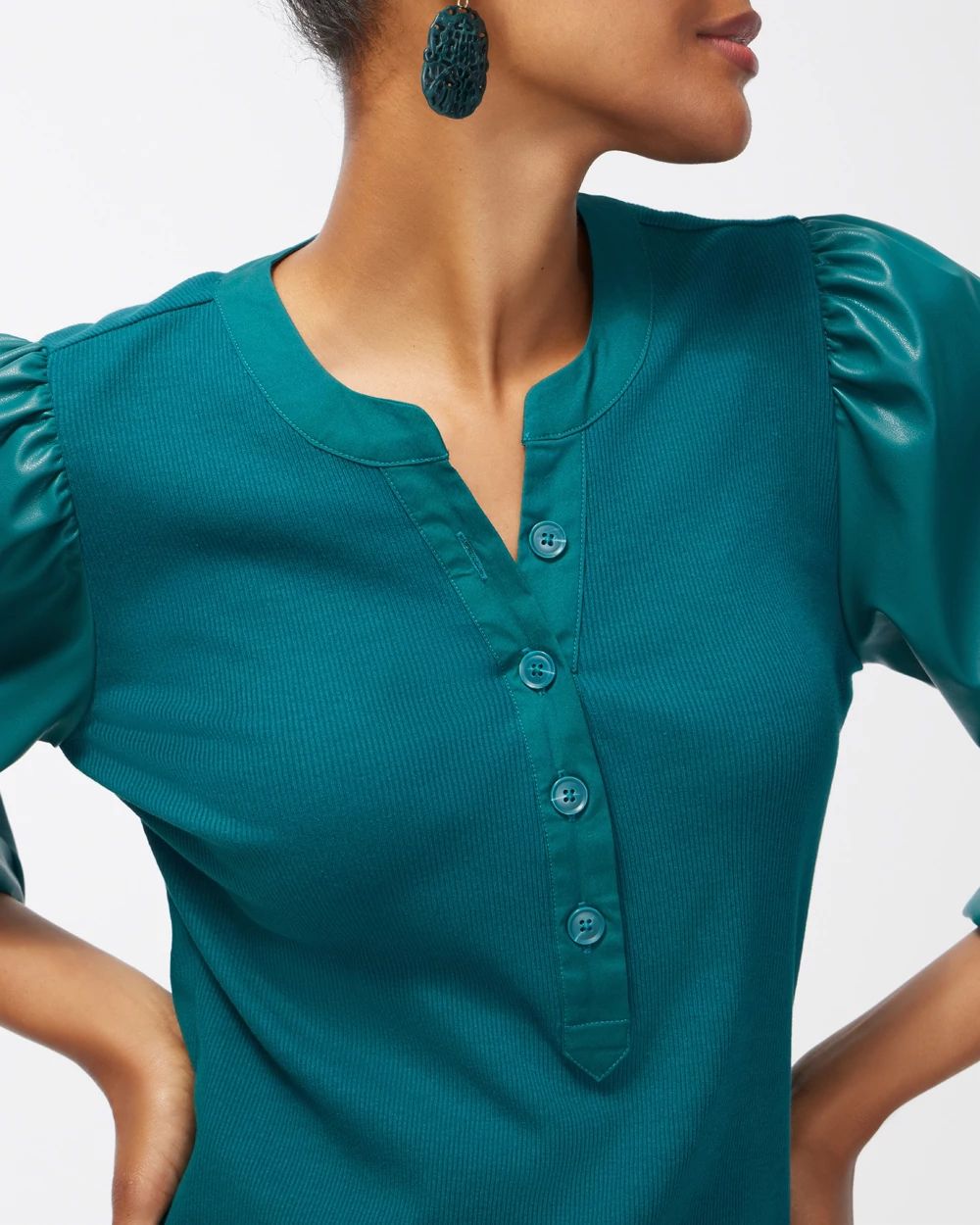 Faux Leather Sleeve Henley Top