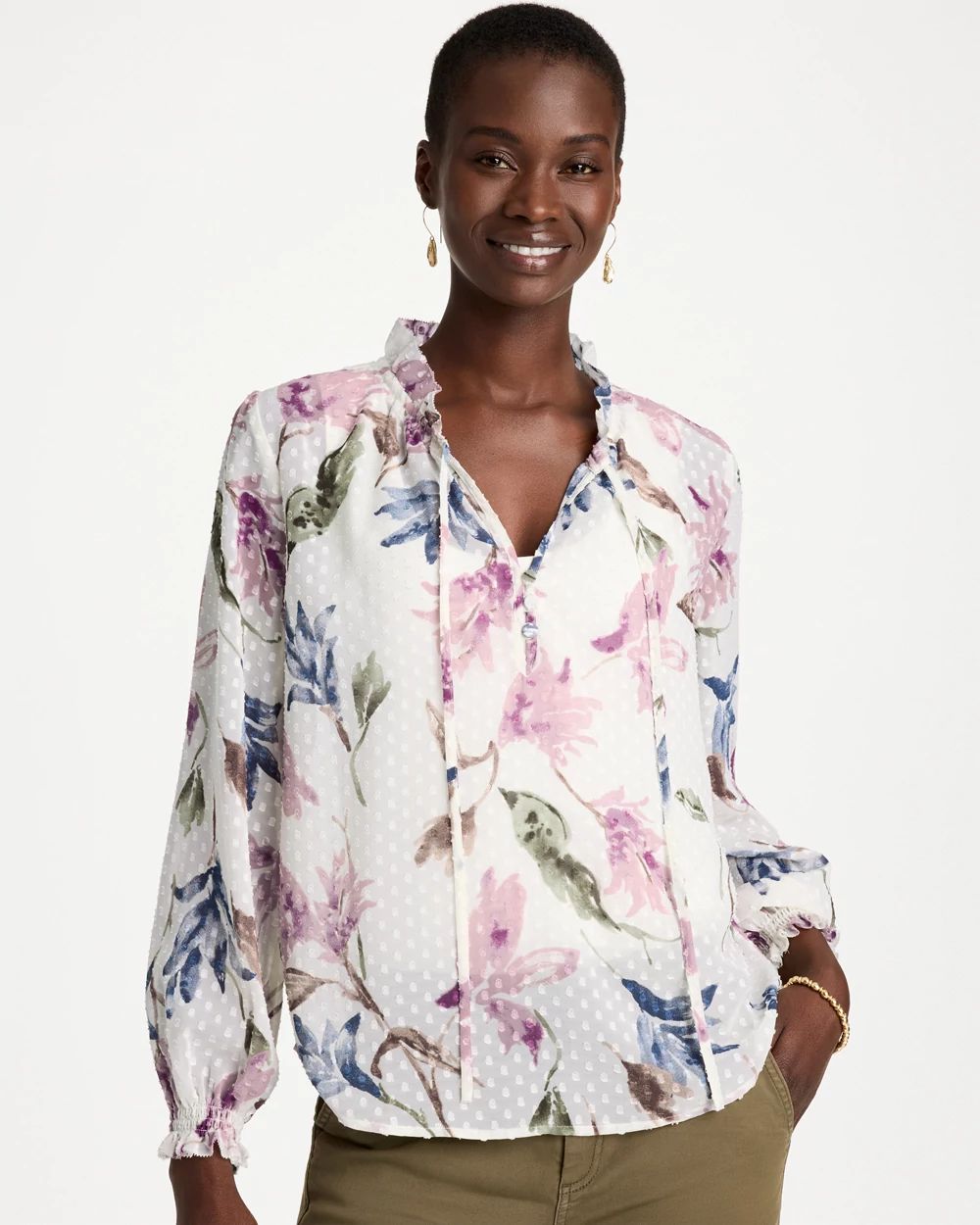 Clip Dot Floral Popover Blouse