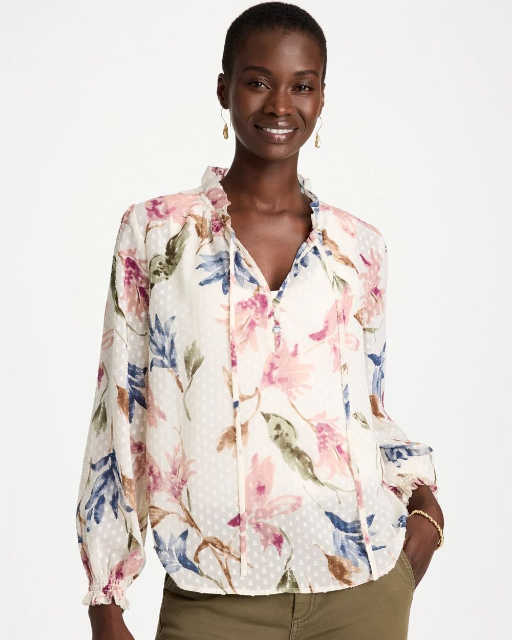 Clip Dot Floral Popover Blouse