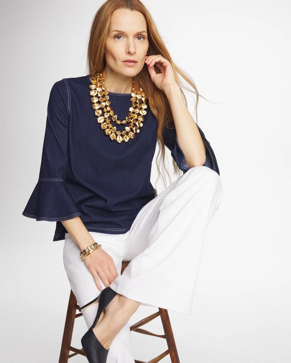 Indigo Denim Trumpet Sleeve Top