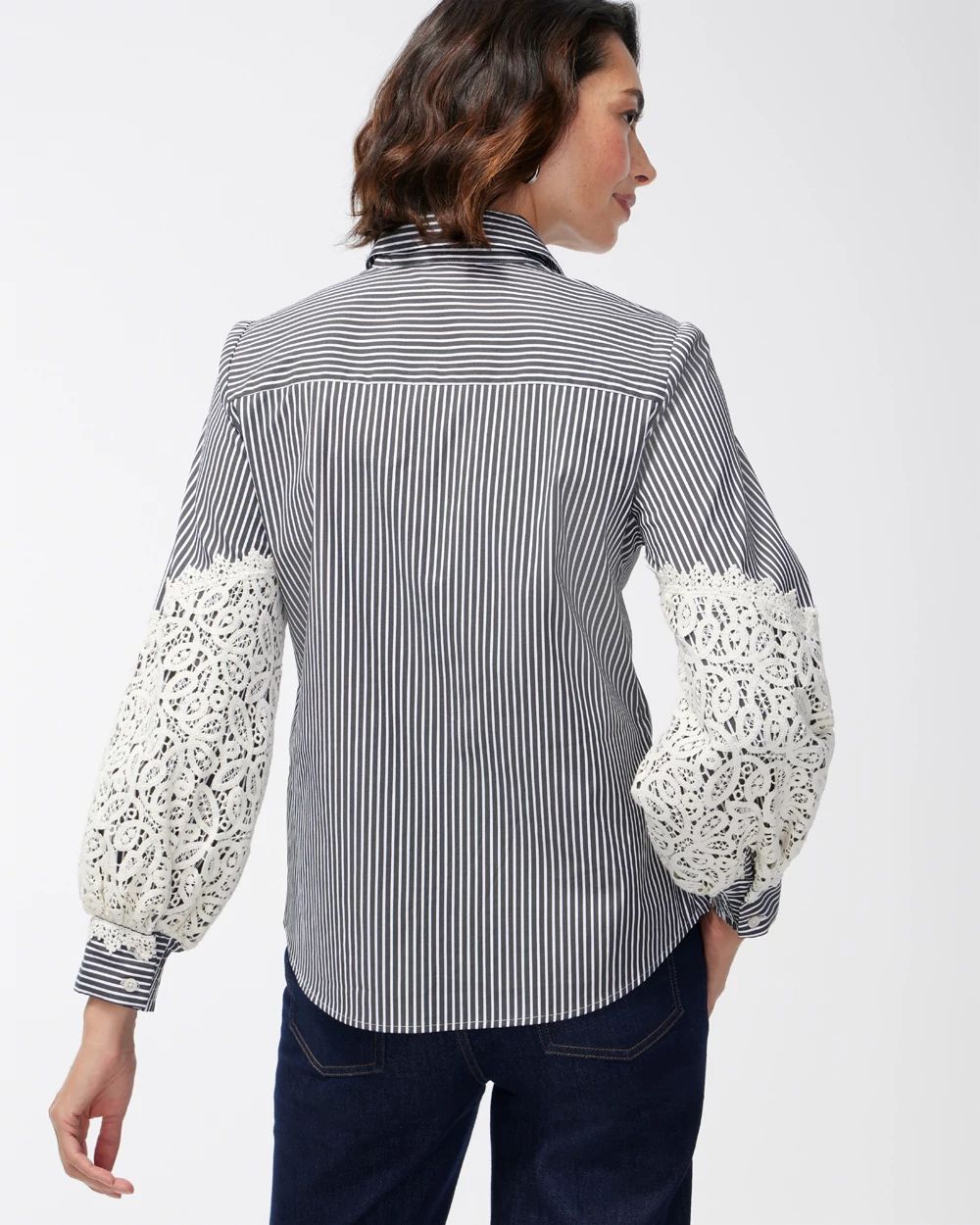 Poplin Stripe Crochet Sleeve Shirt