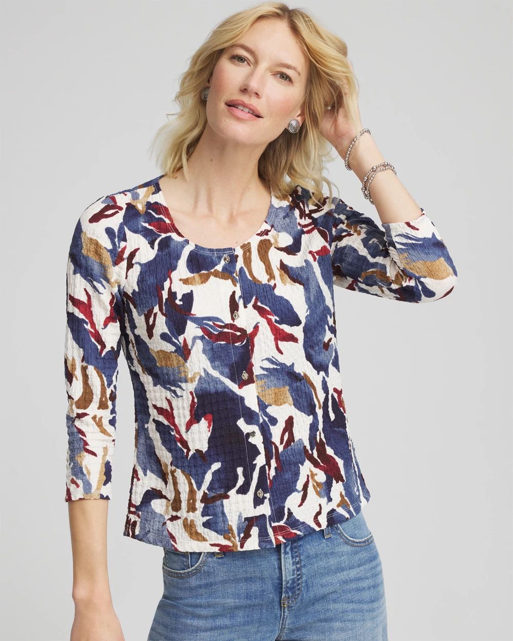 Printed Textured Scoopneck Cardigan