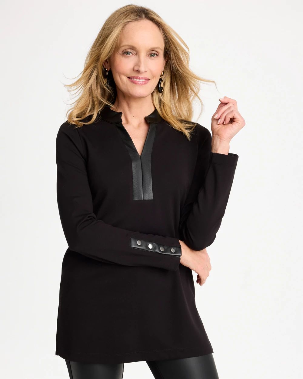 Ponte Knit Faux Leather-Trim Tunic