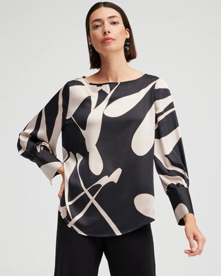 Black Label Print French Cuff Blouse
