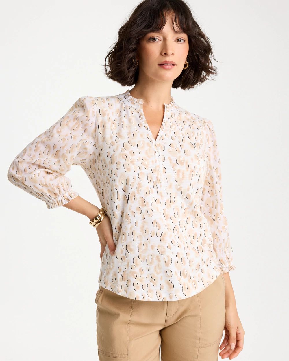 Animal Print Ruffled V-Neck Top