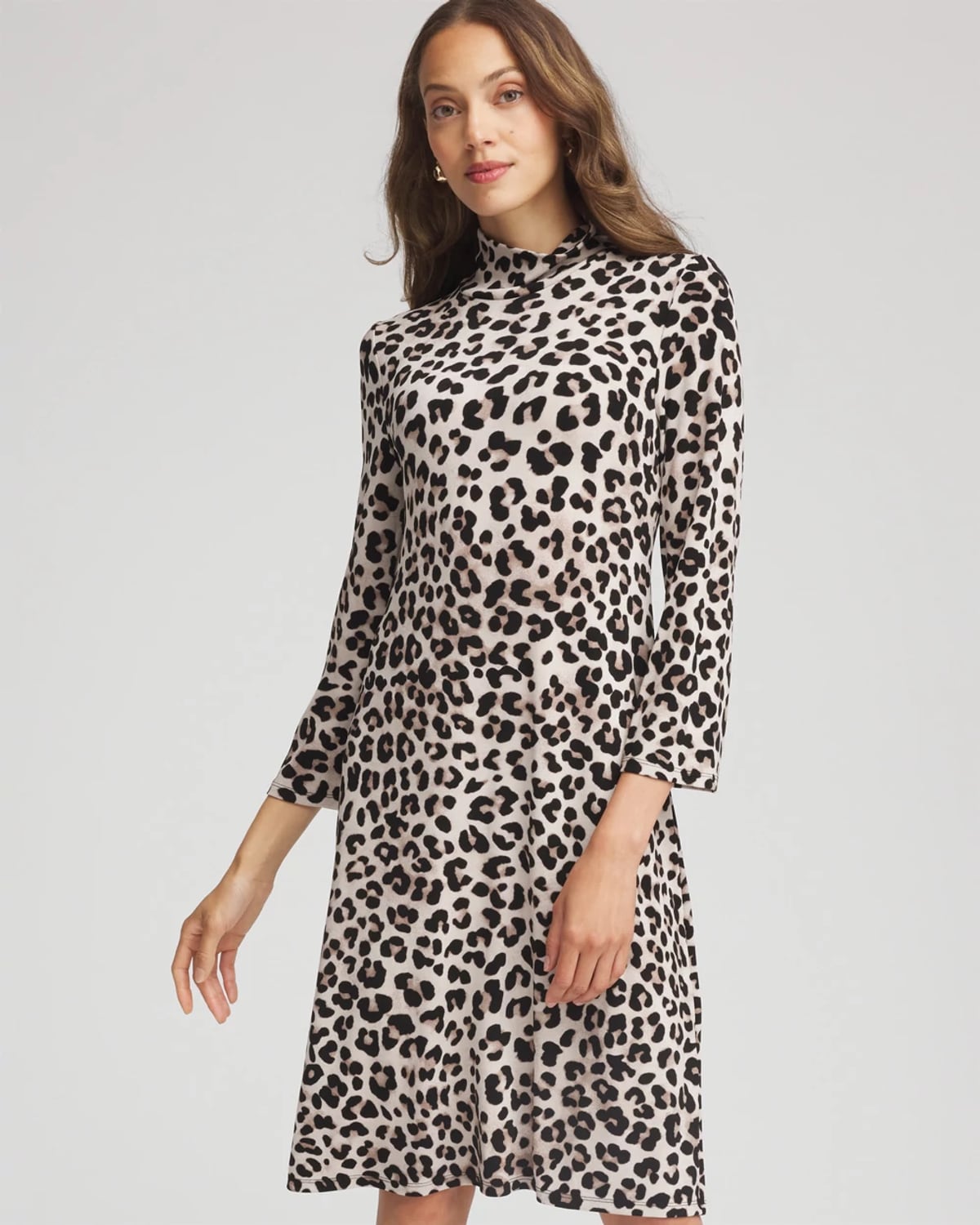Chico's Travelers Animal-print Mockneck Midi Dress In Deep Taupe In Animal Print