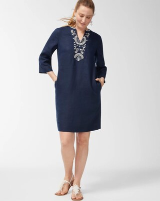 Linen Embellished Navy Tunic Dress