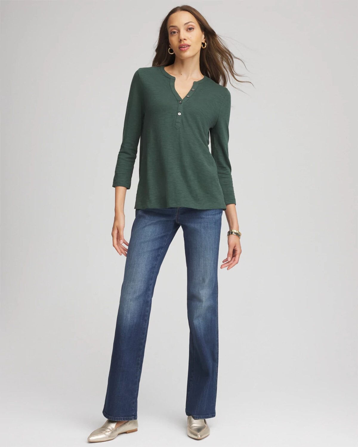 Chico's Cotton Henley Shirt In Darkest Spruce In Green