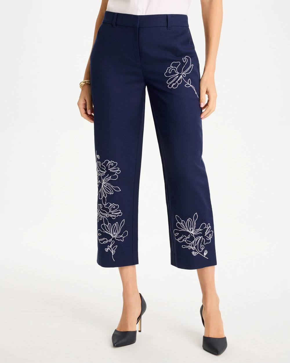 Embroidered Linen Fly Front Pants