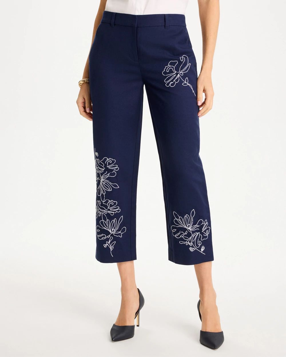 Embroidered Linen Fly Front Pants