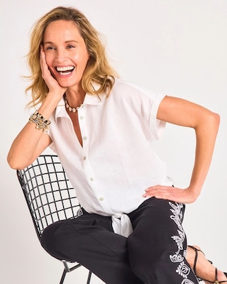 No Iron Linen Tie-Front Cap Sleeve Shirt