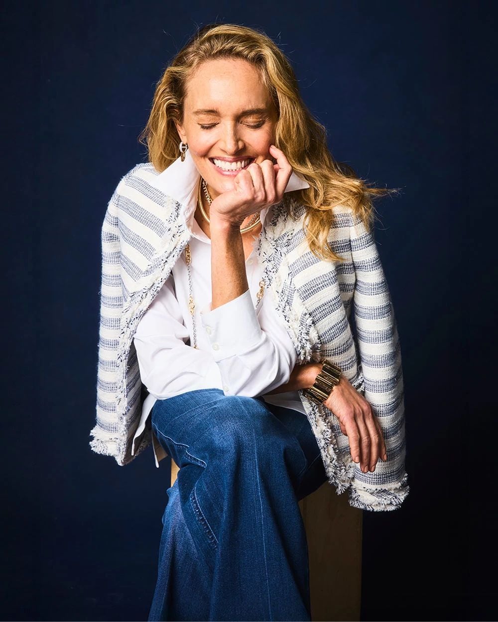 Striped Tweed Collarless Box Jacket click to view larger image.