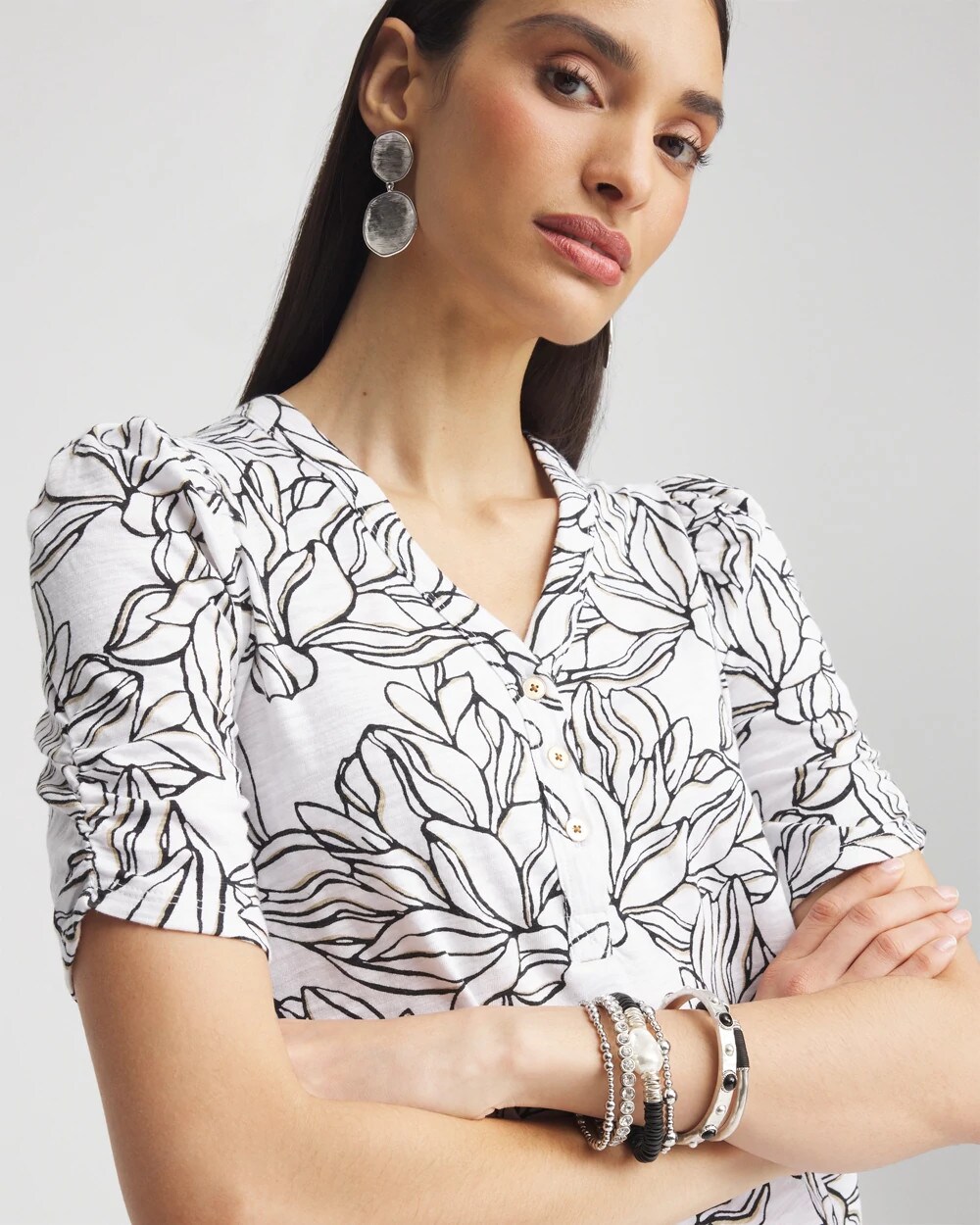 Floral Slub Split Neck Henley Tee