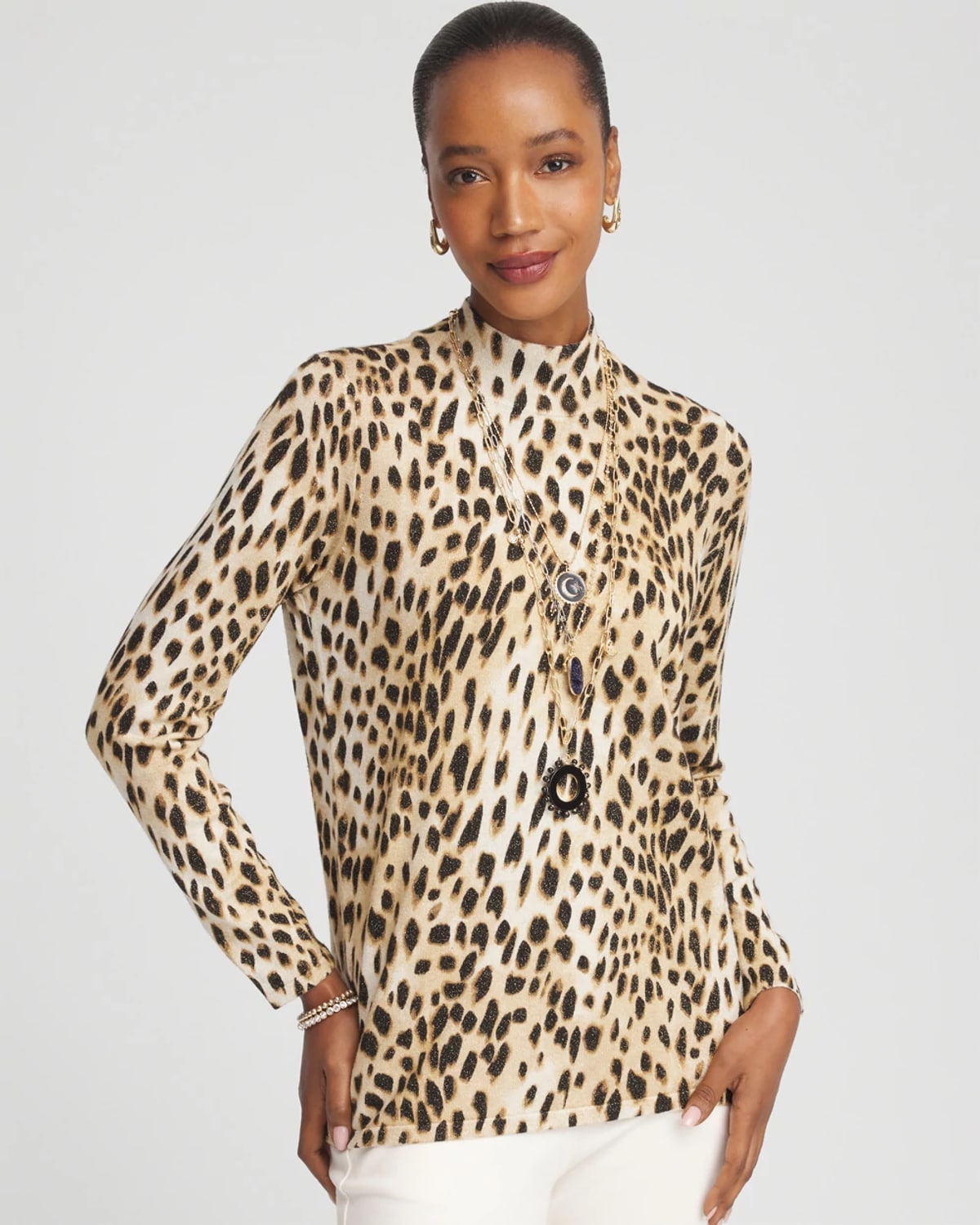Chico's Ella Mockneck Animal-print Pullover Sweater In Cream In Animal Print