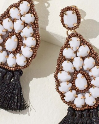 40th Anniversary White Beaded Fringe Drop Earrings