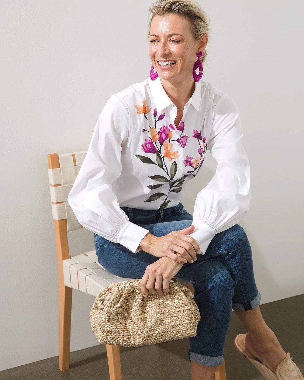 Poplin Floral Billow Sleeve Shirt