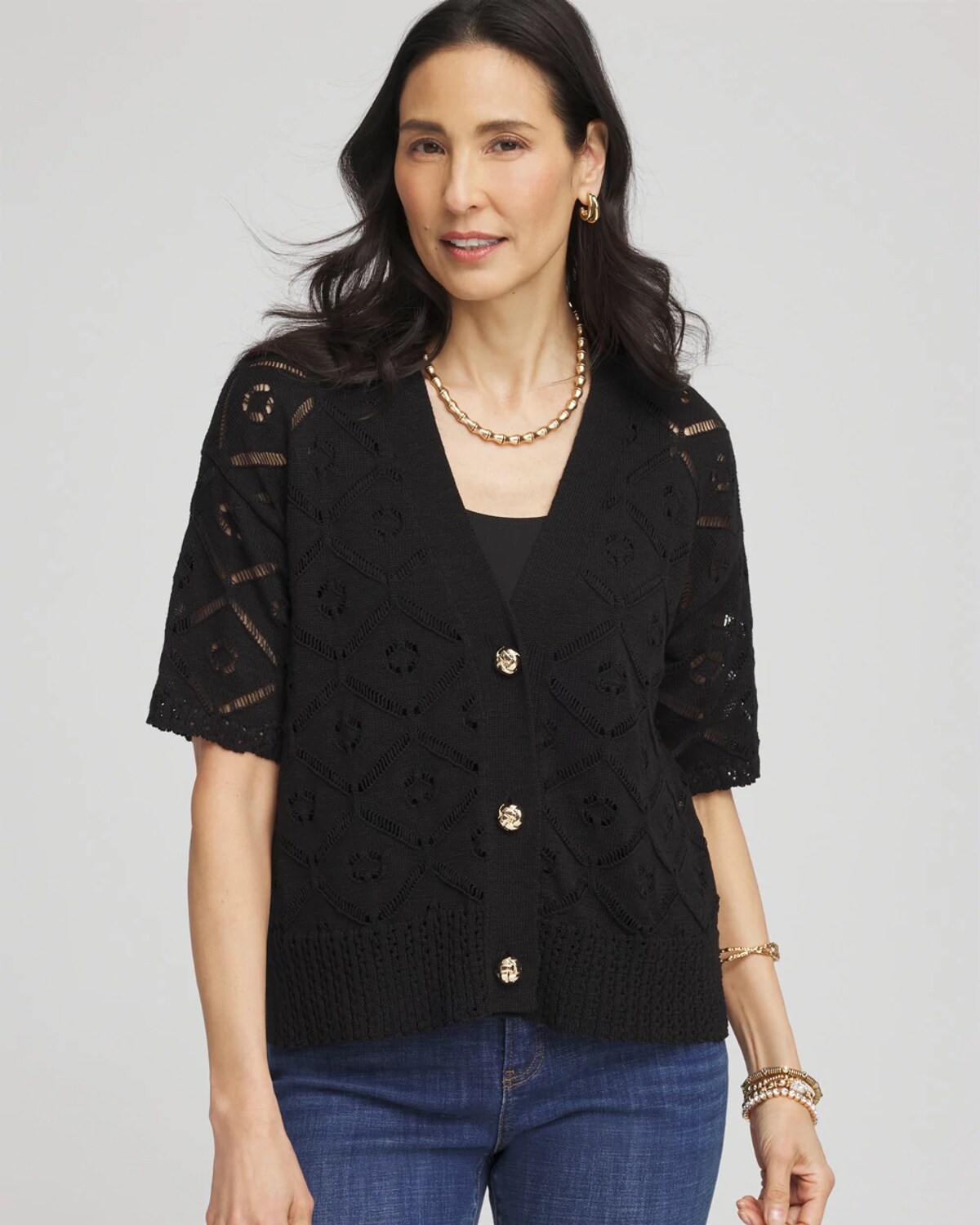 Chico's Short Button-down Cardigan Sweater In Black In Black