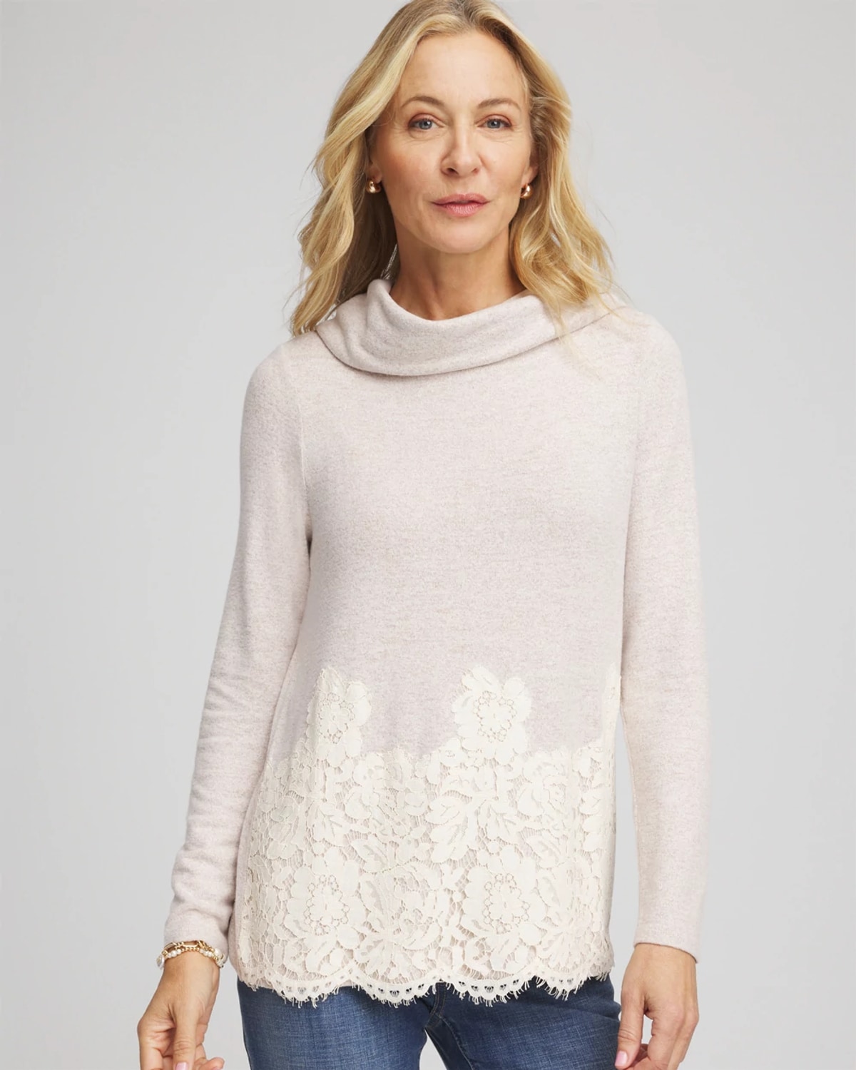 Chico's Lace Hem Cowlneck Top In Champagne Fizz