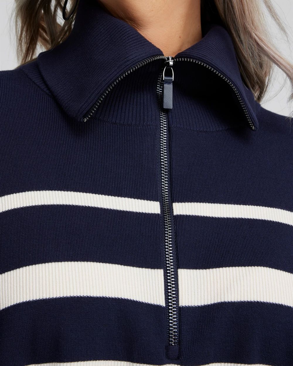 Stripe Zip Collar Sweater Poncho click to view larger image.