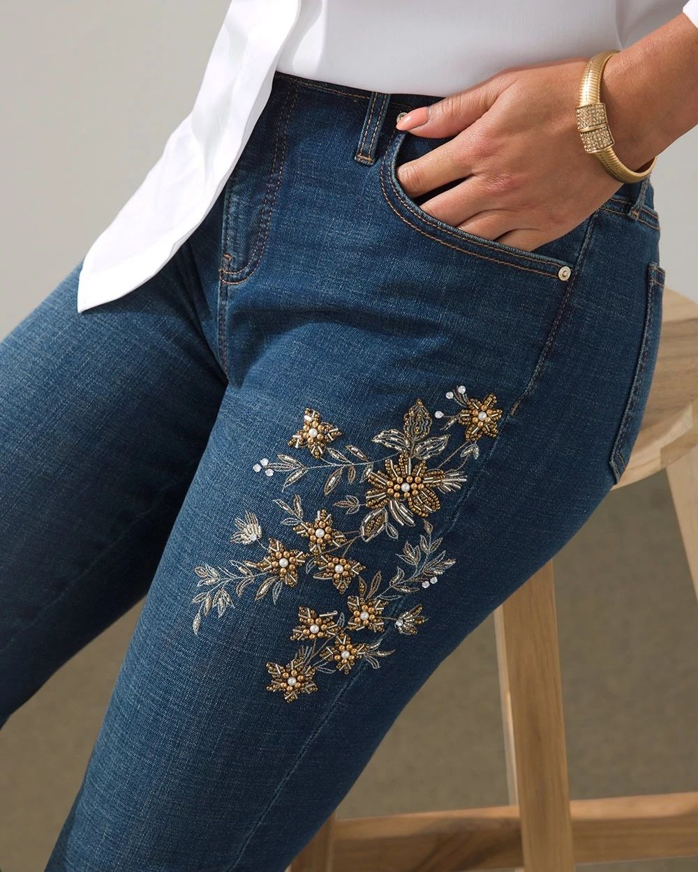 Girlfriend Beaded Leg Ankle Jeans