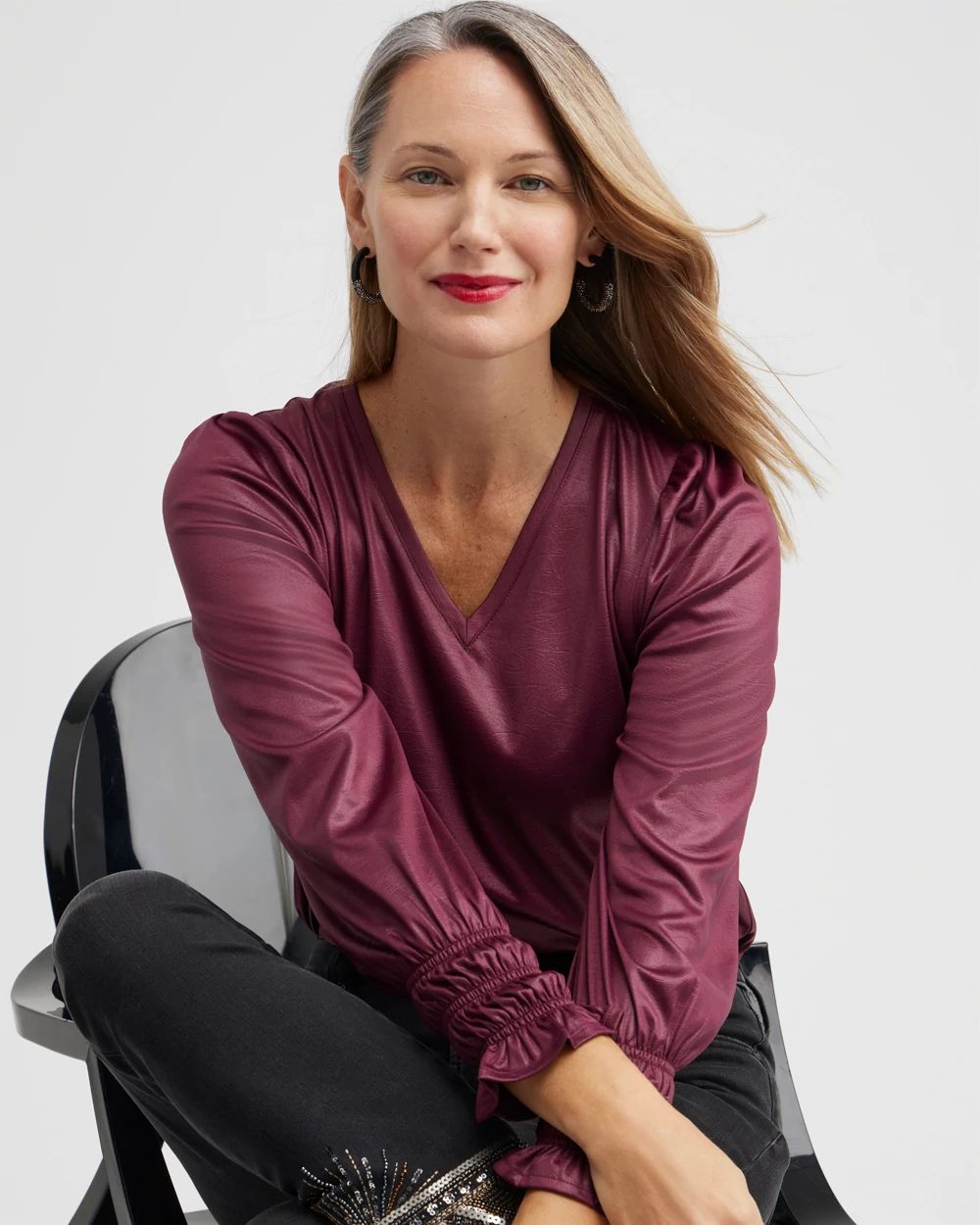 Faux Leather Shirred Sleeve Top