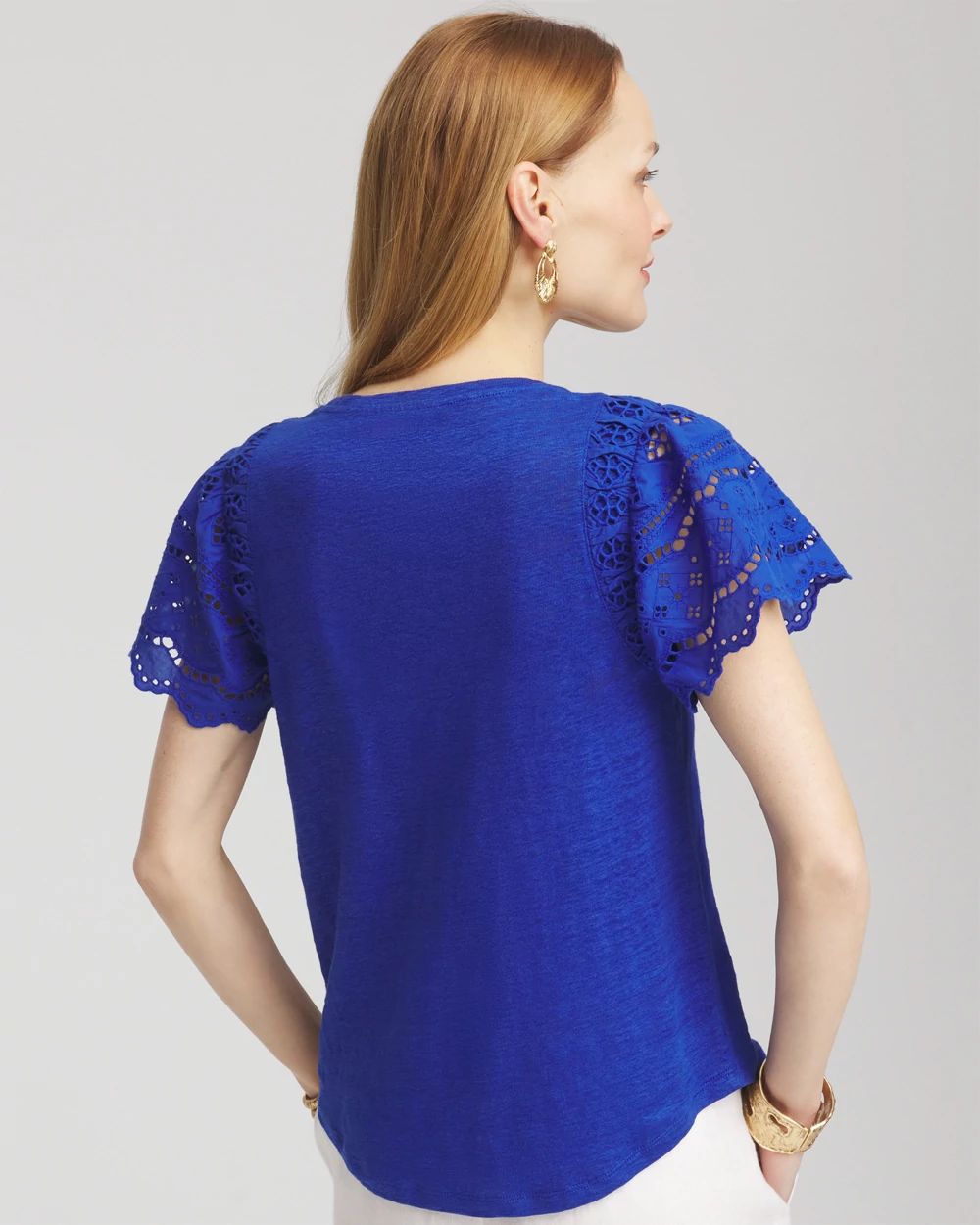 Linen Embroidered Flutter-Sleeved Tee click to view larger image.