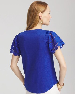 Linen Embroidered Flutter-Sleeved Tee click to view larger image.