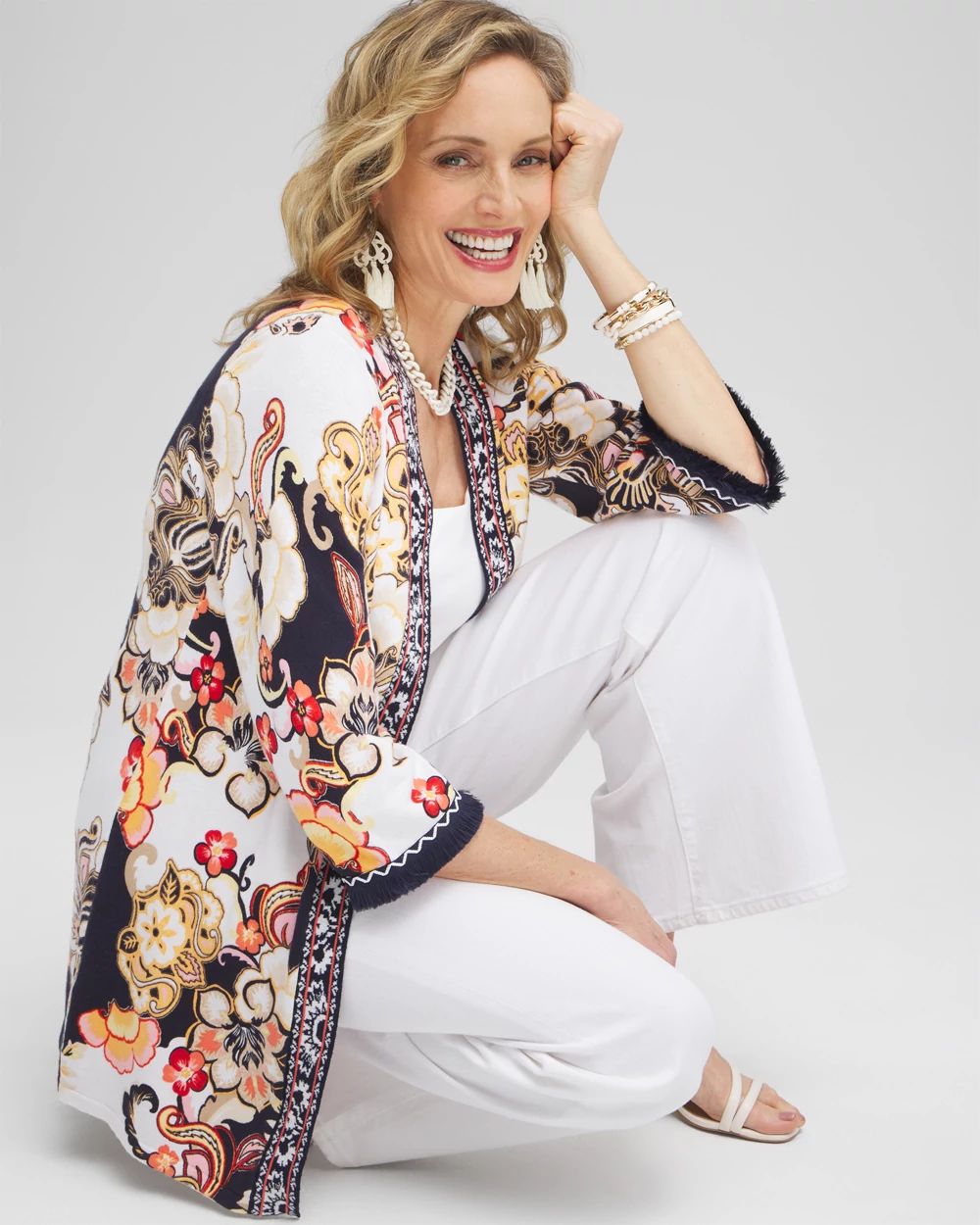 Linen Blend Floral Fringe Cardigan
