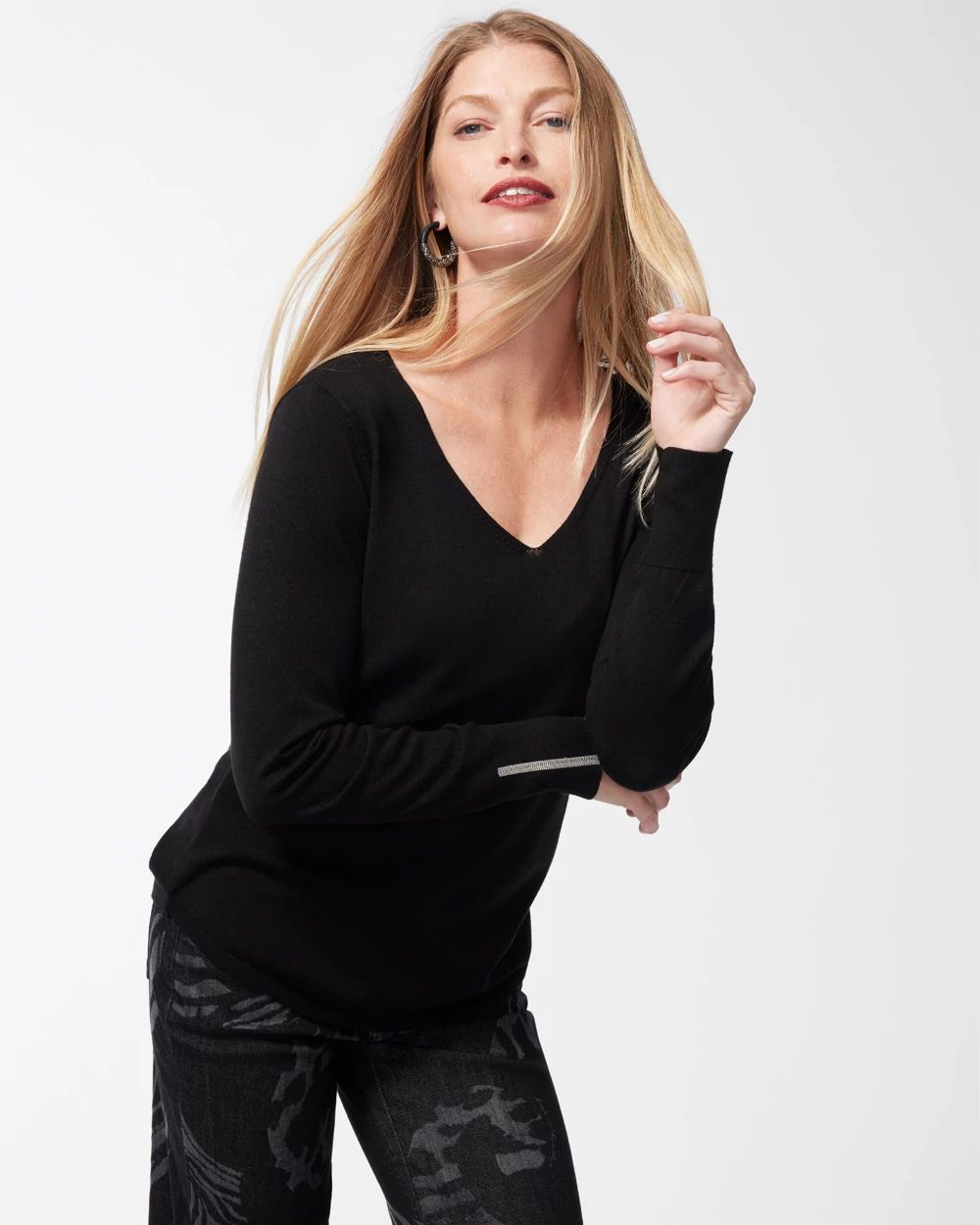 Caviar Trim V-Neck Pullover Sweater
