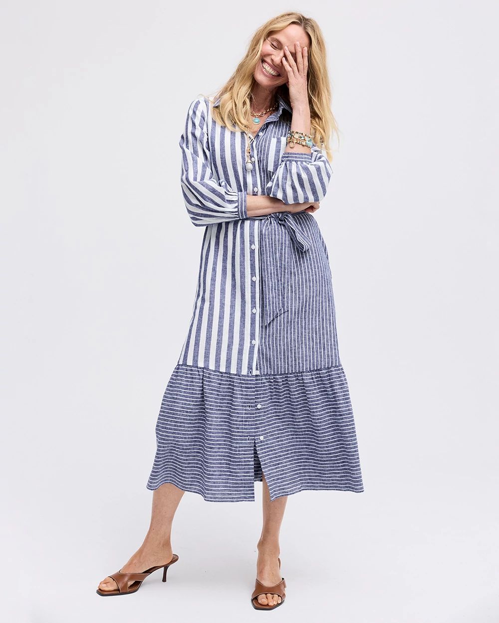 Linen-Cotton Striped Shirtdress