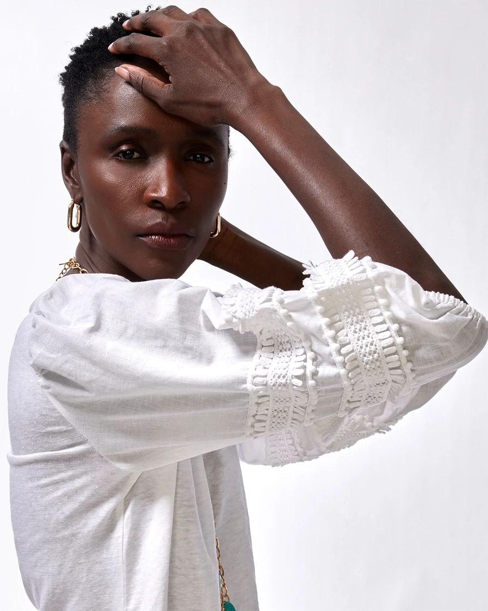 Linen-Blend Pom Sleeve Tee