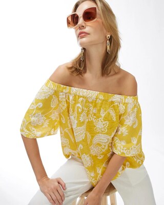Linen Paisley Off-Shoulder Tee