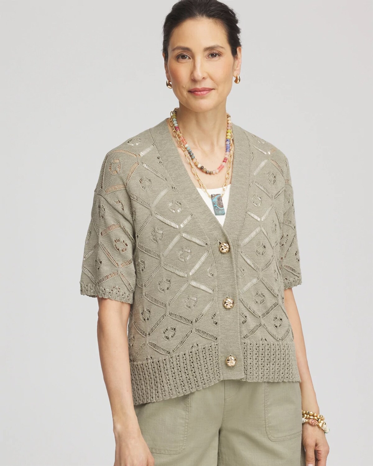 Chico's Short Button-down Cardigan Sweater In Green In Green