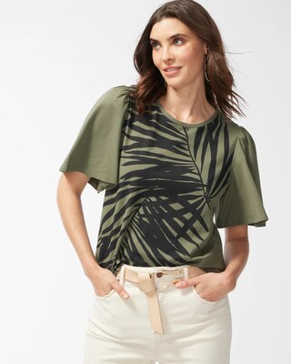 Green Palm Print Flounce Sleeve Tee