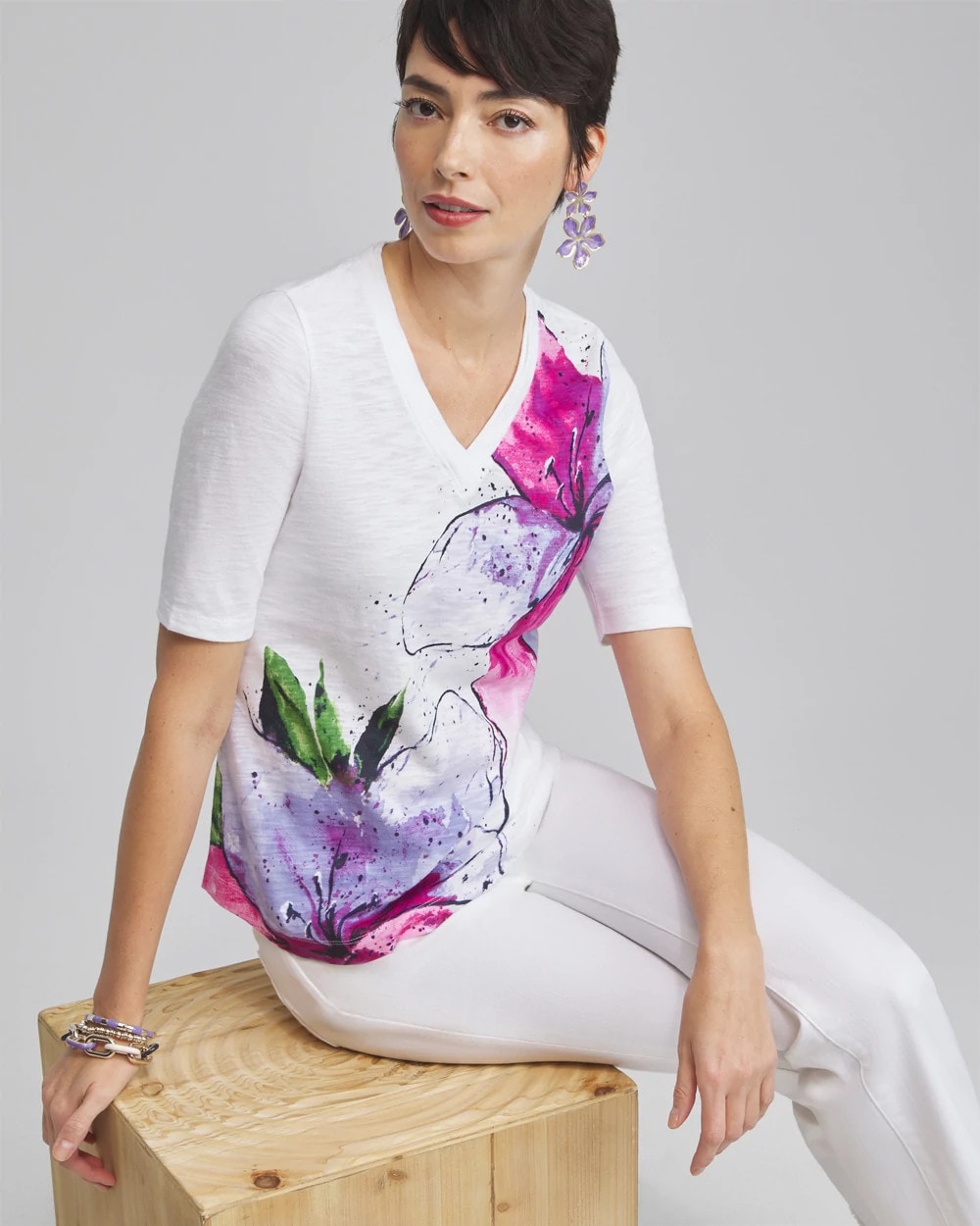 Placed Floral Elbow Sleeve A-line Tee