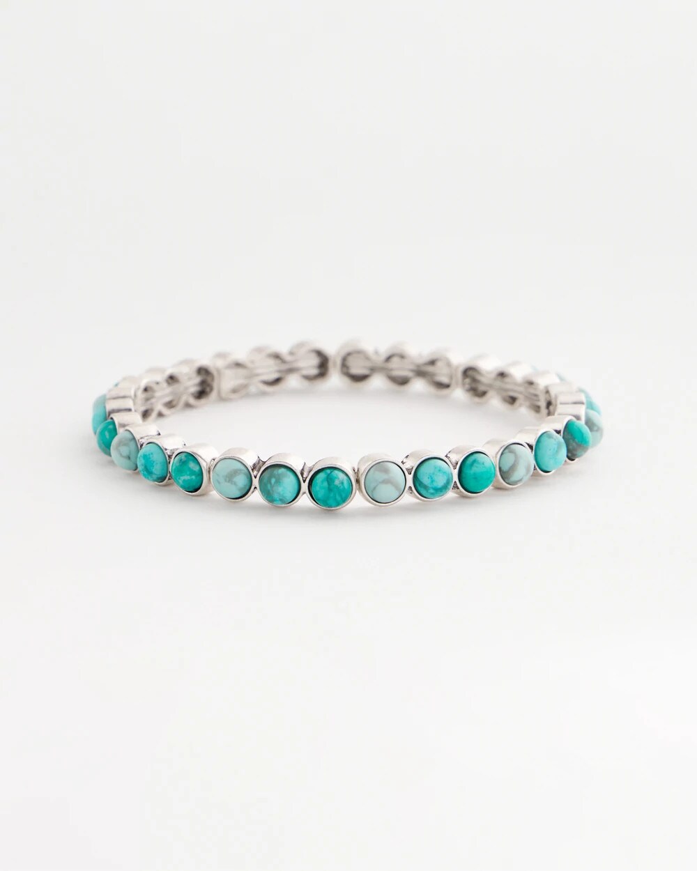Turquoise Stone Silvertone Round Stretch Bracelet