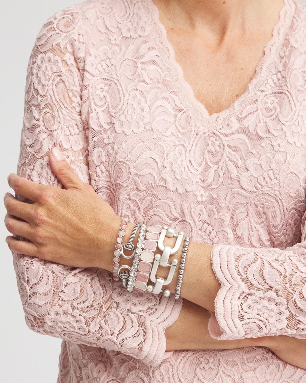 Quartz & Rhodonite Stone Silvertone Round Stretch click to view larger image.