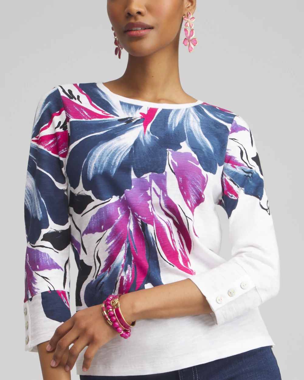 Floral 3/4 Sleeve Button Tee