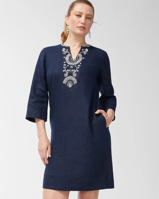 Linen Embellished Navy Tunic Dress