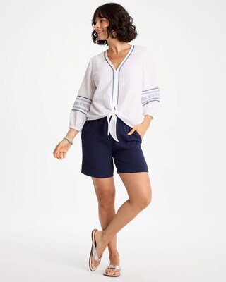Cotton Gauze Embroidered Tie-Front Blouse click to view larger image.