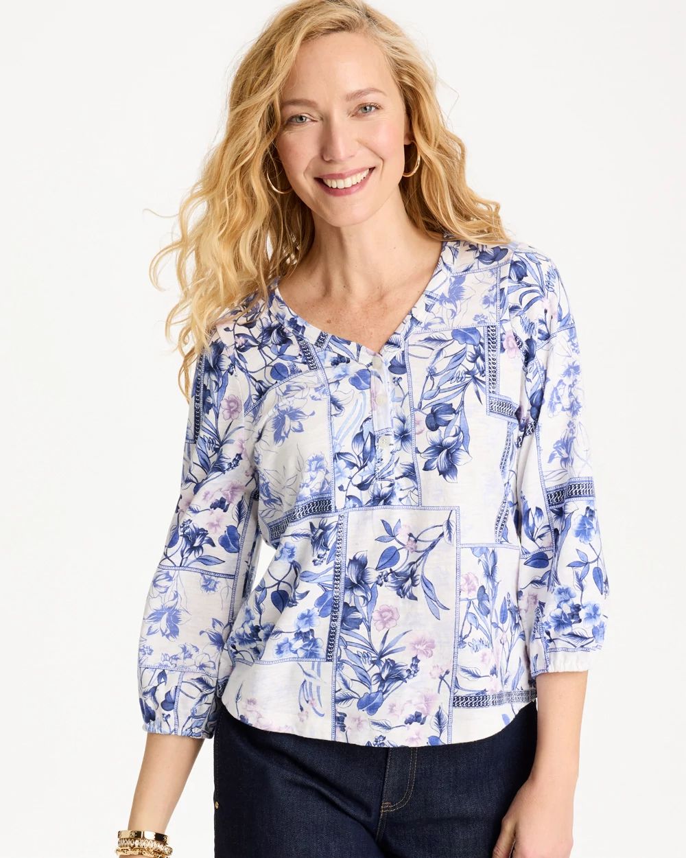 Elle Puff Sleeve Cotton Slub Henley Tee