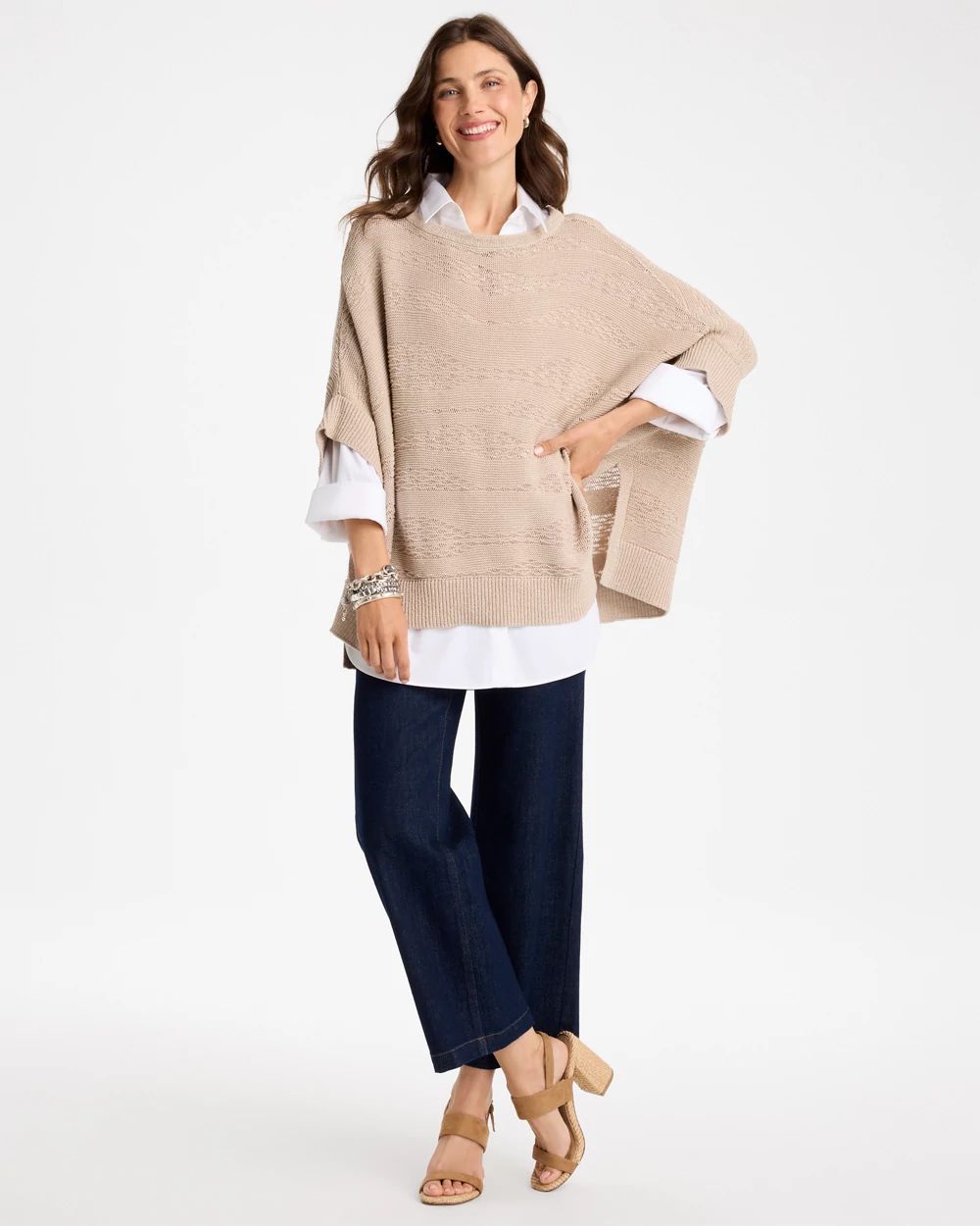 Cotton-Blend Sweater Poncho click to view larger image.