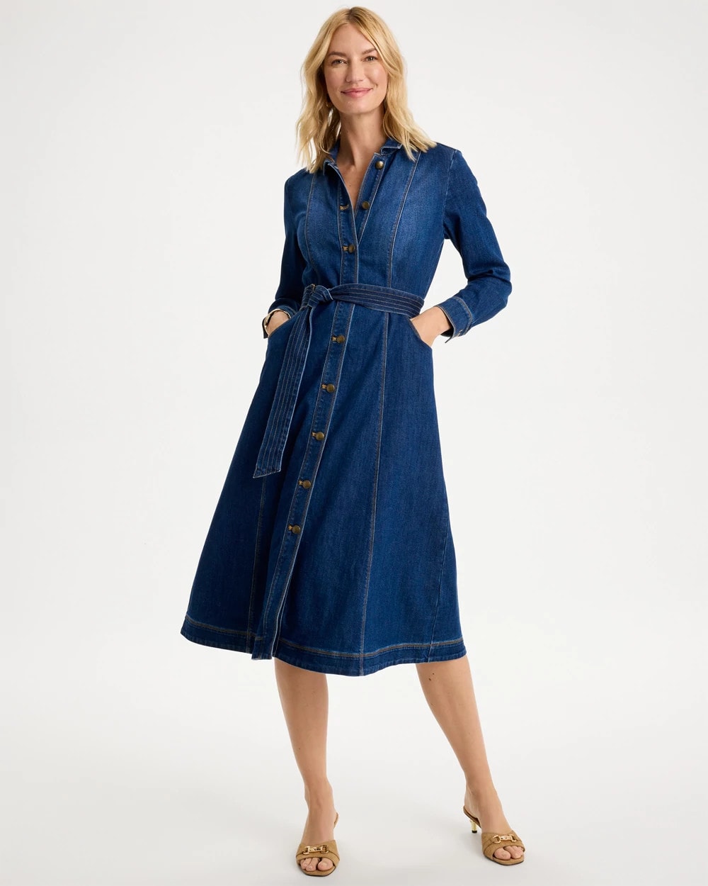 Denim Midi Trapunto-Belted Shirtdress